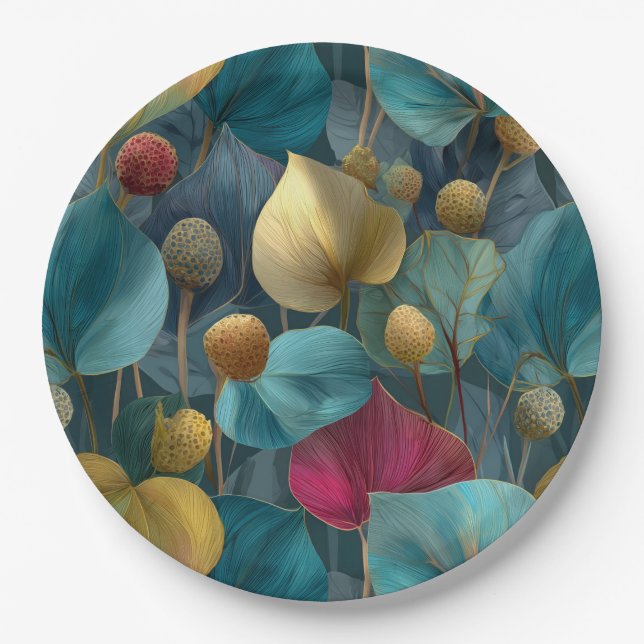 Elegant Pattern of Stylized Teal and Gold Leaves Paper Plate (Front)