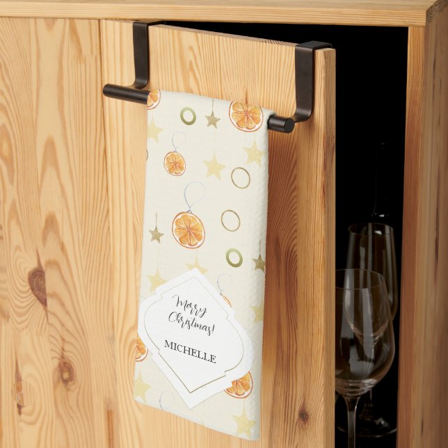 Elegant Pattern Oranges and Stars On Beige Tea Towel (Thirds Fold)