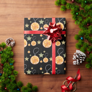 Elegant Pattern Oranges and Stars On Black Wrapping Paper