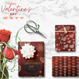 Elegant Pattern Red Gold Hearts Valentine Wrapping Paper Sheet