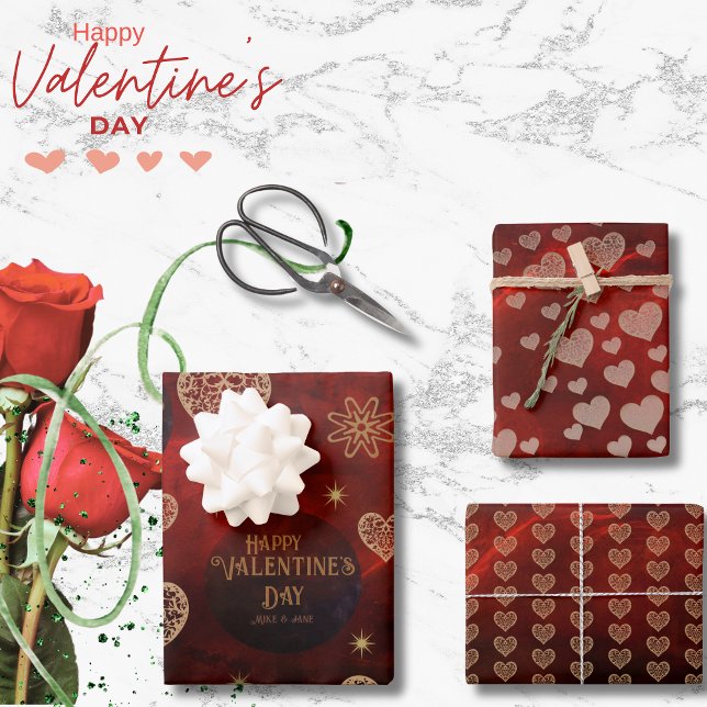 Elegant Pattern Red Gold Hearts Valentine Wrapping Paper Sheet (Elegant Pattern Red Gold Hearts Valentine Wrapping Paper Sheets)