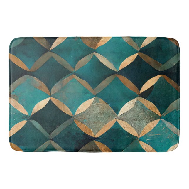 Elegant pattern teal gold luxury bath mat (Front)