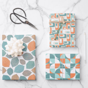 Elegant Patterns Aqua Teal Blue Mild Orange White Wrapping Paper Sheet