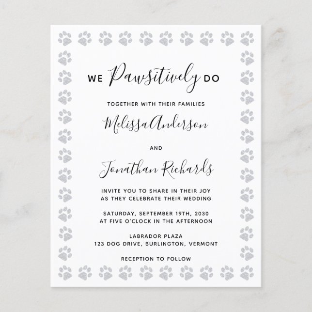 Elegant Paw Print Budget Wedding Invitation (Front)