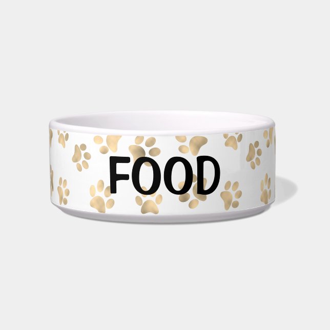 Elegant Paw Print White & Gold Food Cat Or Dog Bowl (Front)