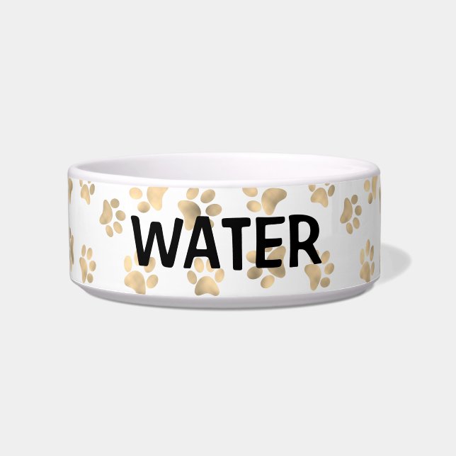 Elegant Paw Print White & Gold Water Cat Or Dog  Bowl (Front)