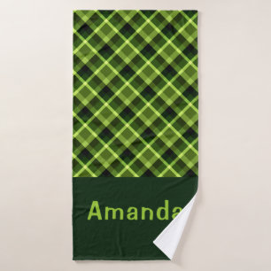 Elegant Pea Green Plaid Monogram Bath Towel