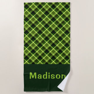 Elegant Pea Green Plaid Monogram Beach Towel