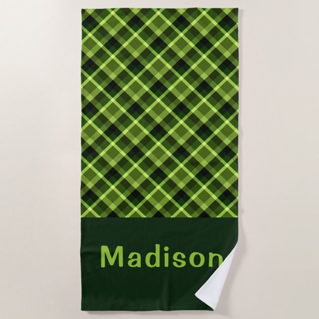 Elegant Pea Green Plaid Monogram Beach Towel (Front)