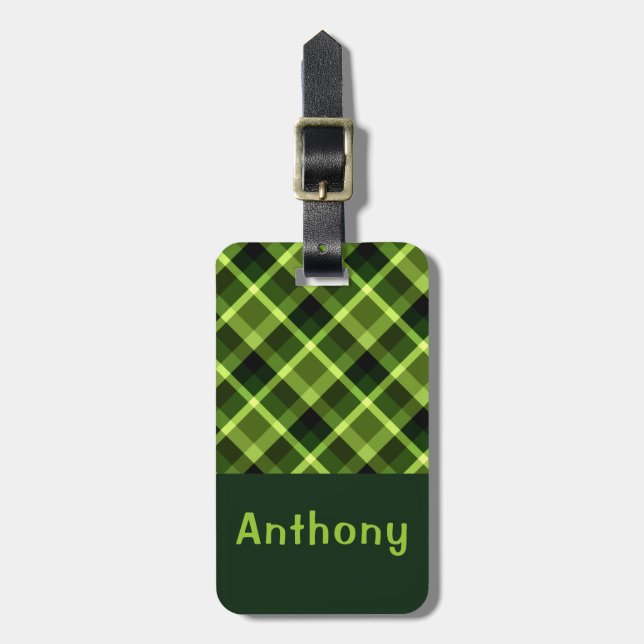 Elegant Pea Green Plaid Monogram Luggage Tag (Front Vertical)