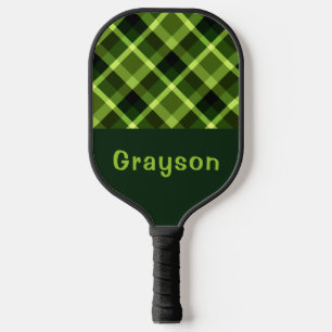 Elegant Pea Green Plaid Monogram Pickleball Paddle
