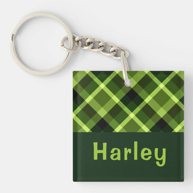 Elegant Pea Green Plaid Monogram Square Keychain (Front)