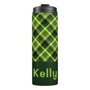 Elegant Pea Green Plaid Monogram Thermal Tumbler