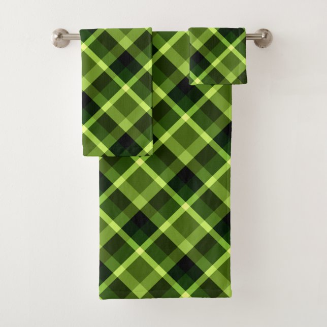Elegant Pea Green Plaid Pattern Bath Towel Set (Insitu)