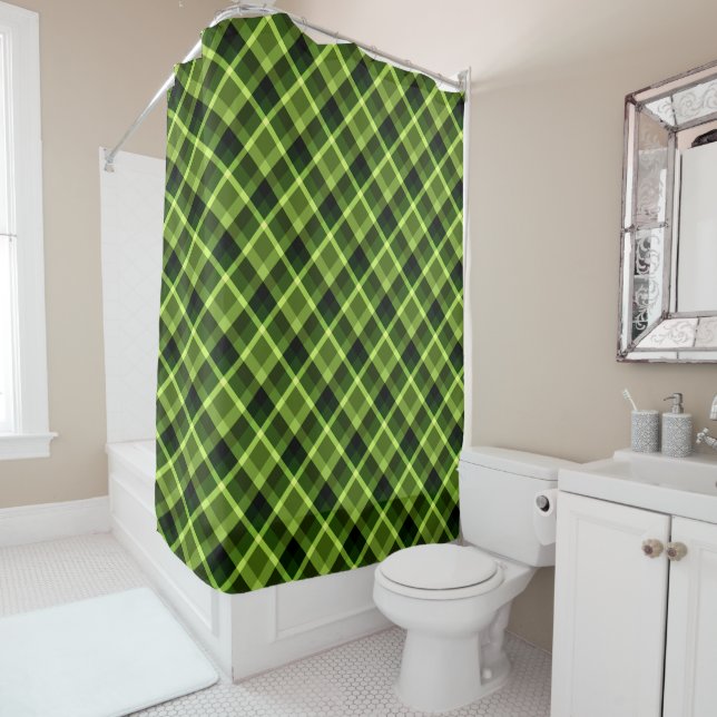 Elegant Pea Green Plaid Pattern Shower Curtain (In Situ)