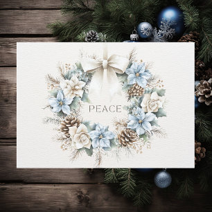 Elegant PEACE Blue Floral Pinecones Winter Wreath Holiday Card