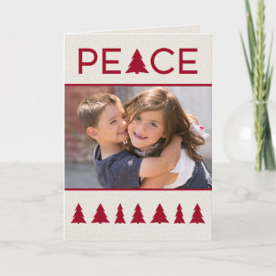 Elegant Peace Burgundy Trees on Beige Canvas Photo Holiday Card