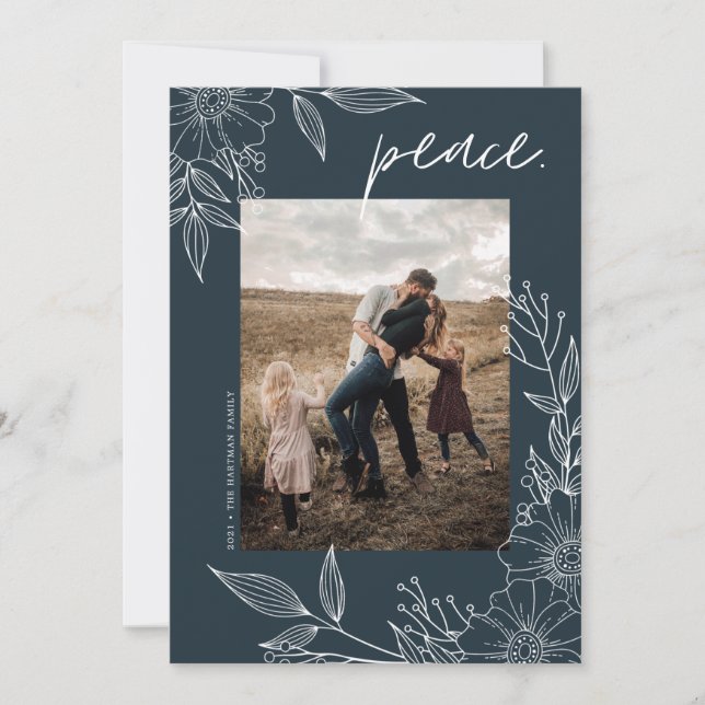 Elegant Peace Christmas Floral Blue Photo Holiday Card (Front)
