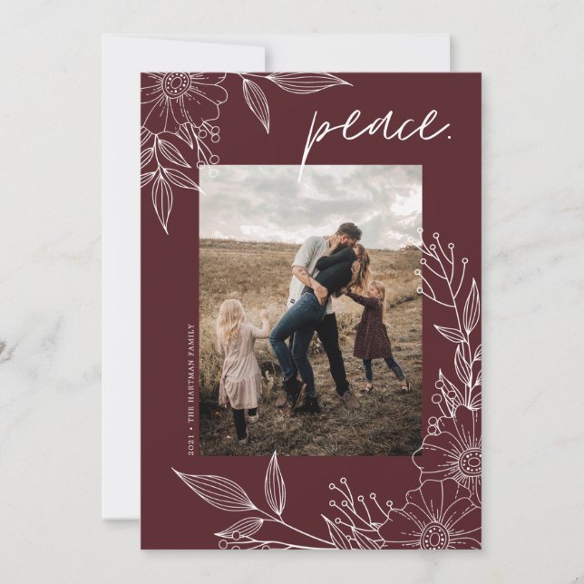 Elegant Peace Christmas Floral Burgundy Photo Holiday Card (Front)