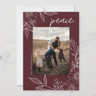 Elegant Peace Christmas Floral Burgundy Photo Holiday Card