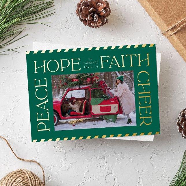 Elegant Peace Hope Faith Cheer Christmas Photo Foil Holiday Card (Green and gold foil Christmas photo card with elegant typography)