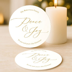 Elegant Peace & Joy Gold Script Christmas Round Paper Coaster