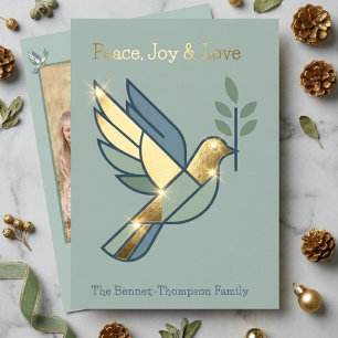 Elegant Peace Joy & Love Graphic Dove Photo Gold Foil Holiday Card