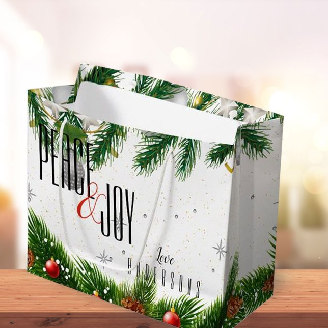 Elegant Peace & Joy Red Berries Name Christmas Large Gift Bag (Creator Uploaded)