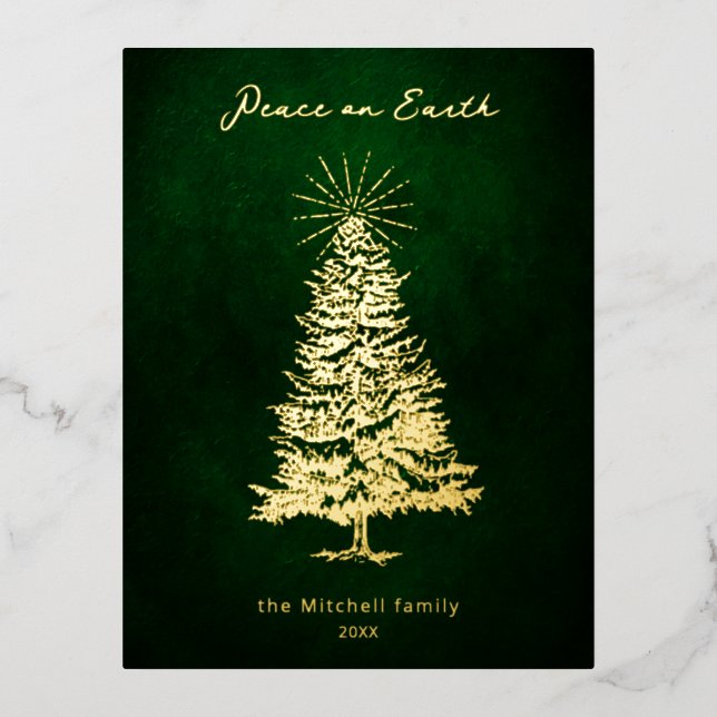 Elegant Peace on Earth Gold Christmas Tree Foil Holiday Postcard (Front)