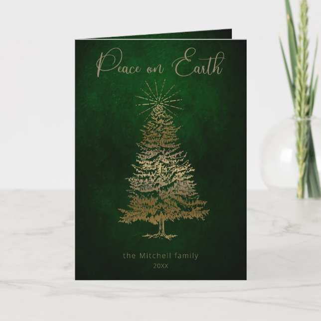 Elegant Peace on Earth Gold Script and Tree Holiday Card (Front)