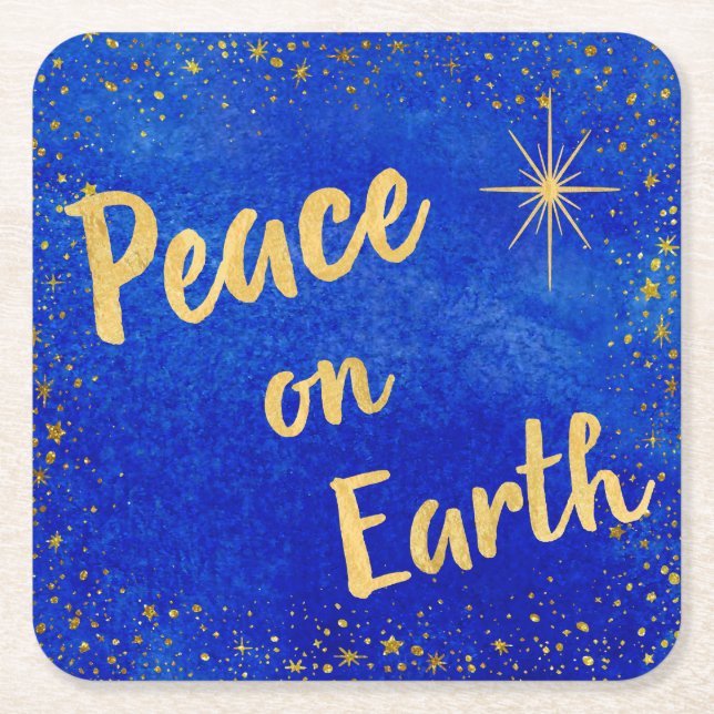 Elegant Peace On Earth Gold Stars Christmas  Square Paper Coaster (Front)