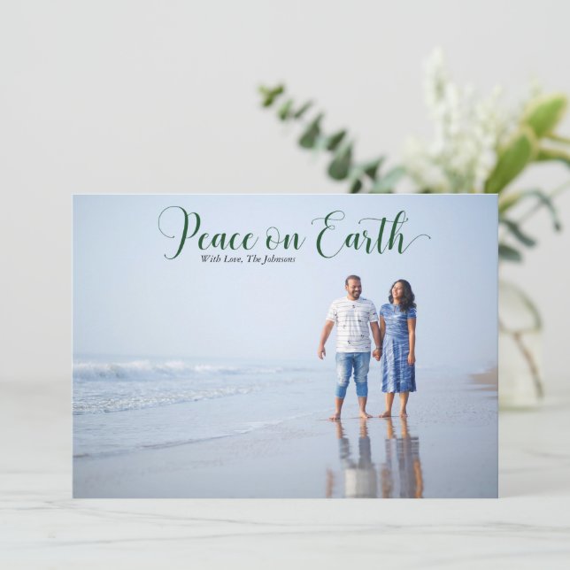 Elegant Peace on Earth Holiday Photo Dark Green (Standing Front)