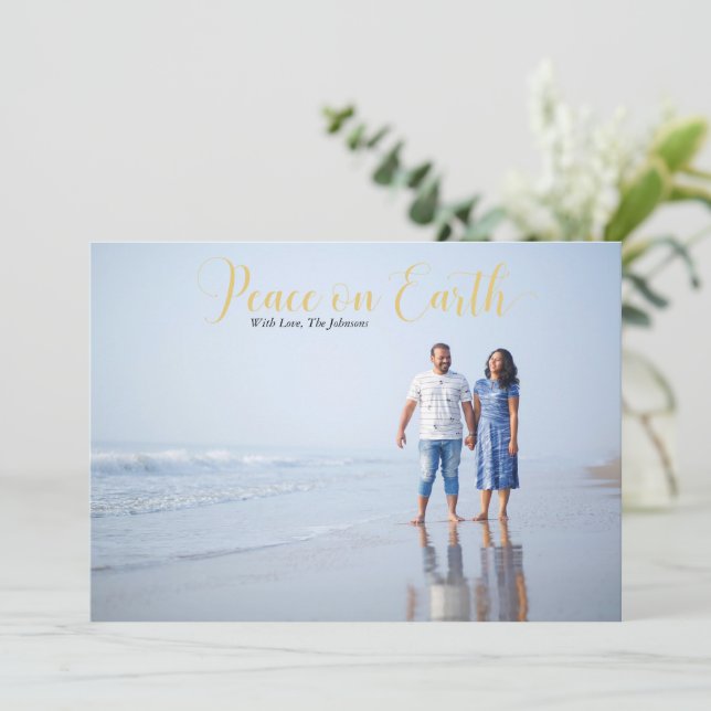 Elegant Peace on Earth Holiday Photo Gold (Standing Front)