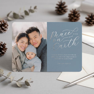 Elegant Peace on Earth Photo Foil - Dusty Blue Holiday Card