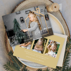 Elegant Peace on Earth Script Gold 4 Photo Holiday Card