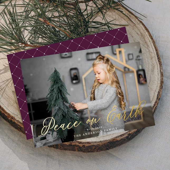 Elegant Peace on Earth Script Purple Photo Foil Holiday Card (Creator Uploaded)