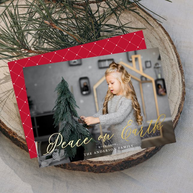 Elegant Peace on Earth Script Red Photo Foil Holiday Card (Creator Uploaded)