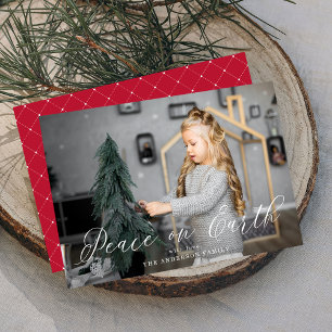 Elegant Peace on Earth Script Red Photo Holiday Card