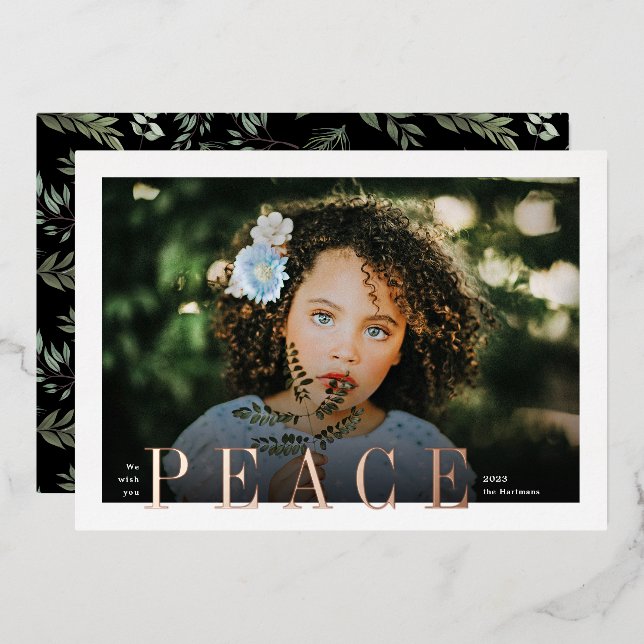Elegant Peace Overlay Framed Christmas Photo Foil Holiday Card (Front/Back)