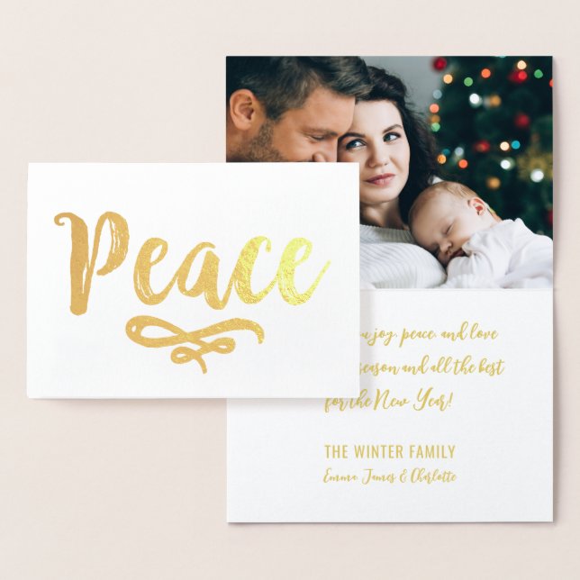 Elegant Peace Script Christmas Photo Gold Foil Card (Display)
