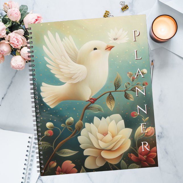 Elegant Peaceful White Dove & Floral  Planner (Monthly undated planner with calming botanical artwork, office supplies that inspire serenity.)
