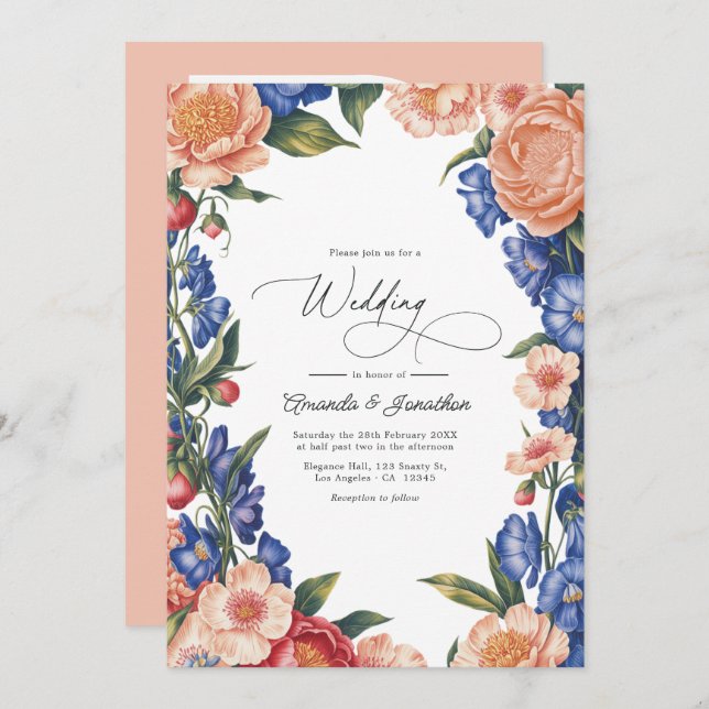 Elegant Peach and Blue Floral Wedding QR Code Invitation (Front/Back)