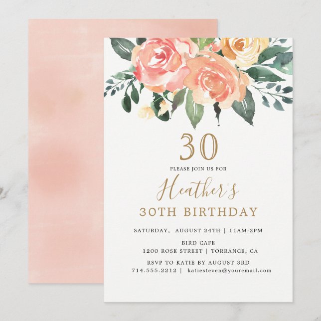 Elegant Peach and Gold Floral 30th Birthday Invitation (Front/Back)
