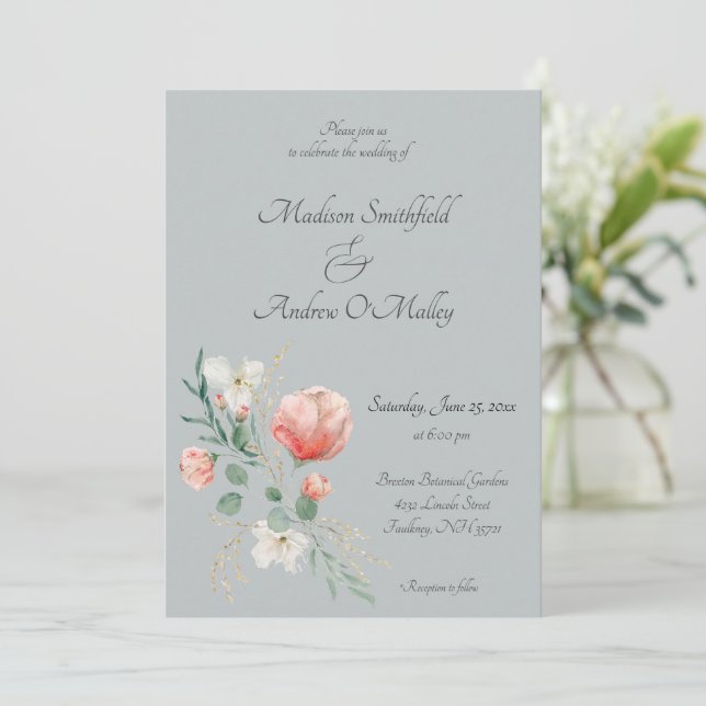 Elegant Peach and Green Watercolor Floral Wedding  Invitation (Standing Front)