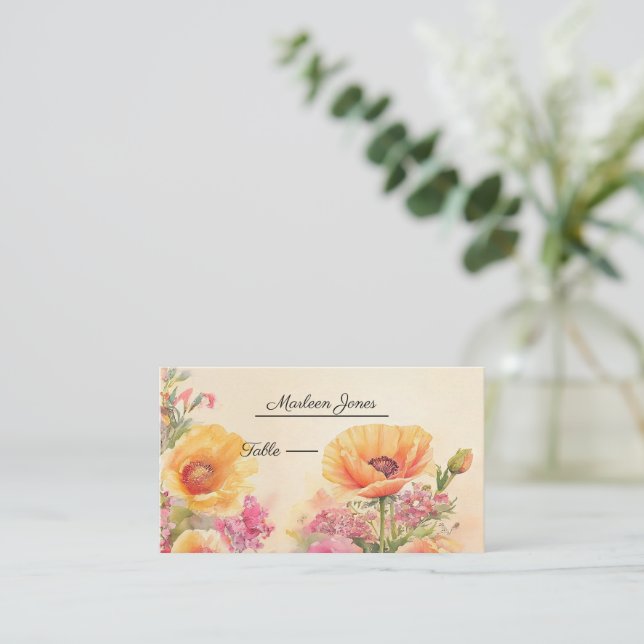 Elegant Peach And Pink Floral Wedding Place Card (Standing Front)