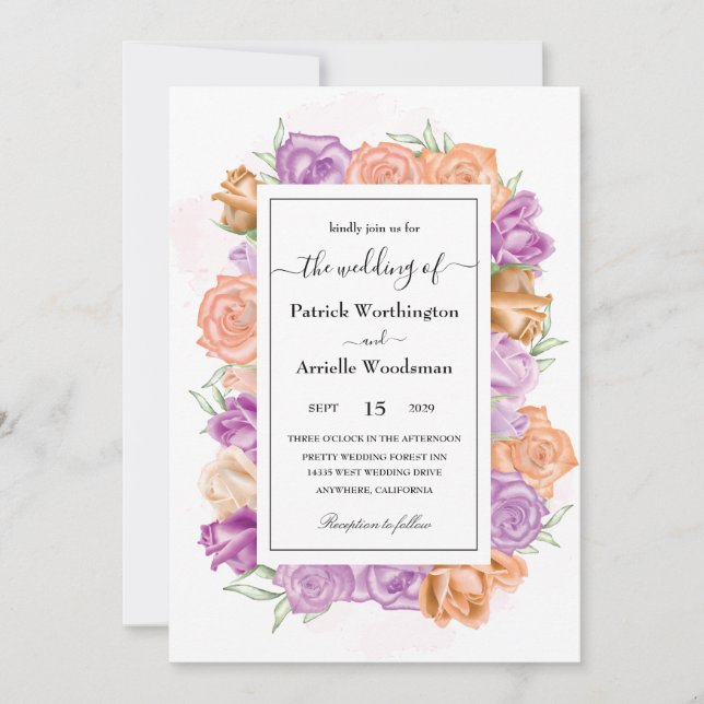 Elegant peach and purple wedding invitations (Front)