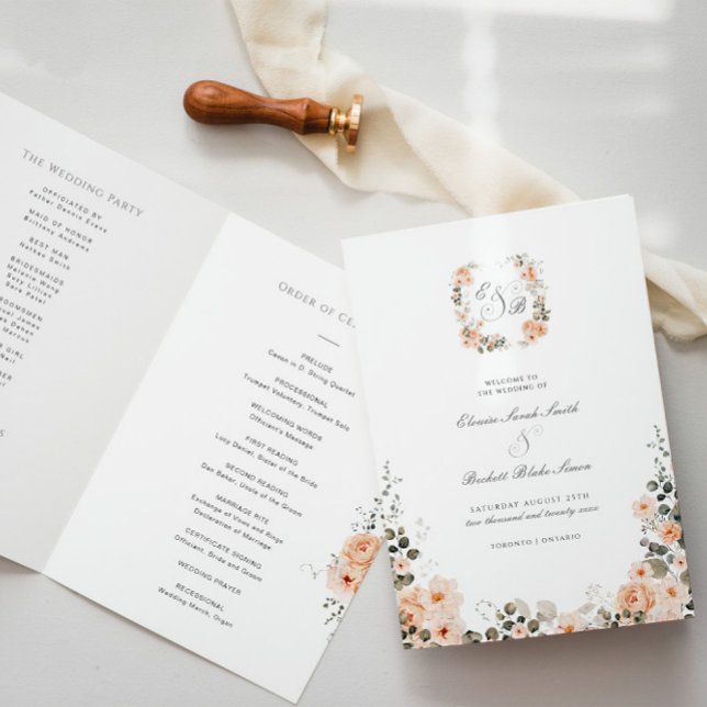 Elegant Peach and Sage Garden Wedding Folded Programme (Creator Uploaded)
