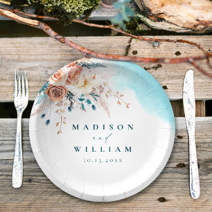 Elegant Peach and Teal Floral Watercolor Paper Plate