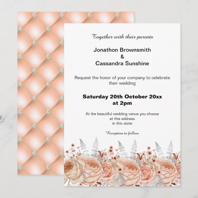 ELEGANT PEACH APRICOT FLORAL DIAMOND WEDDING INVITATION (Front/Back)