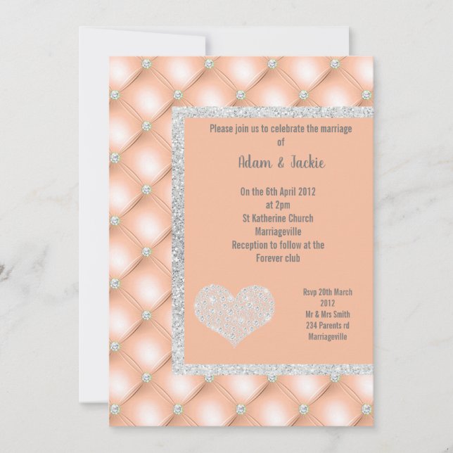 ELEGANT PEACH APRICOT HEART DIAMOND WEDDING INVITATION (Front)